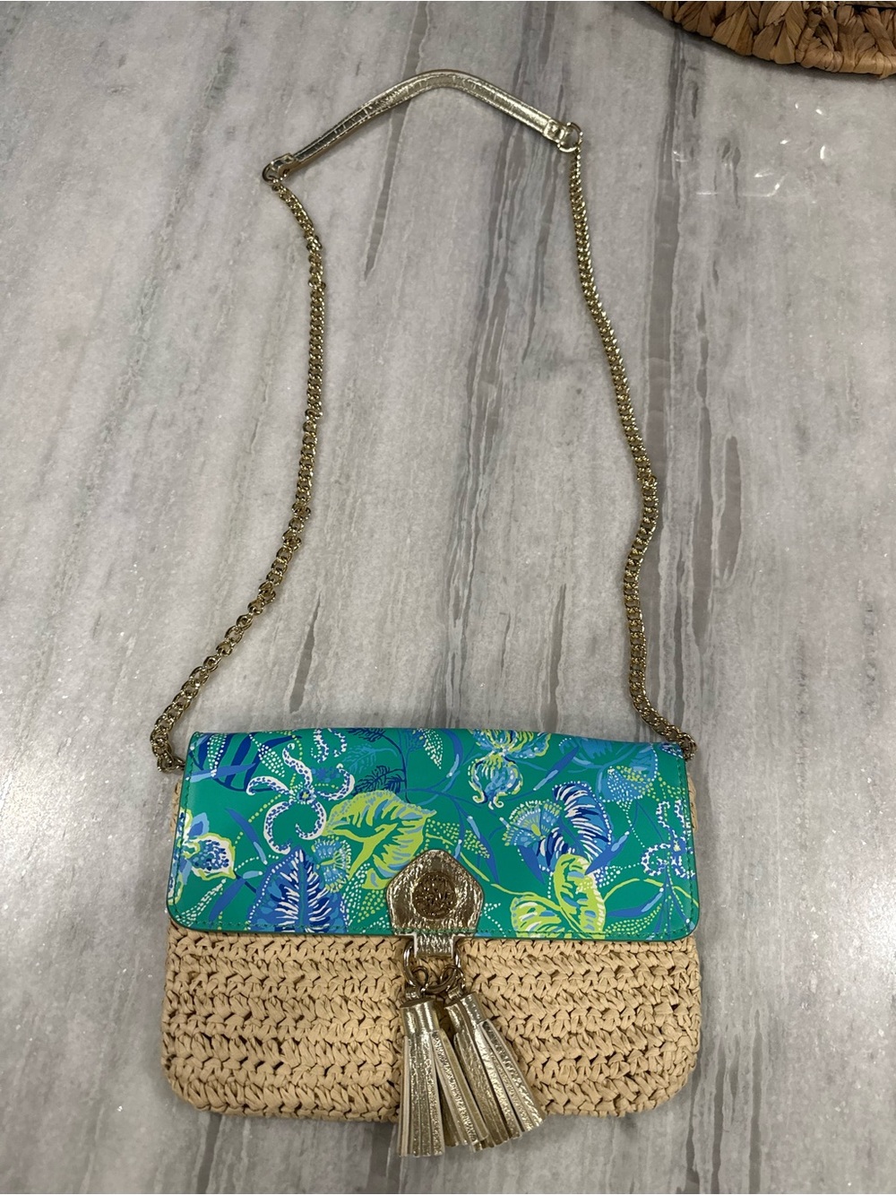 Lilly Pulitzer Teal, Blue & Lime Tropical Straw Crossbody with Gold Tassels